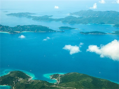 Jost van Dyke, Great Harbour, West End Tortola, Little Thatch, BVI and in the distance Saint John - Hurricane Hole USVI